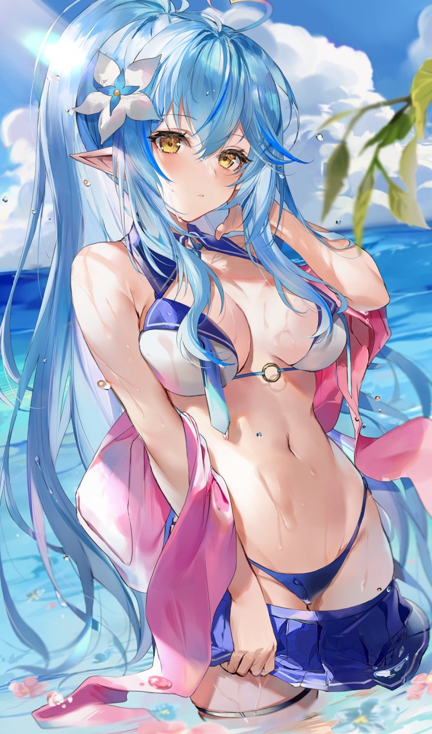 1girl, ahoge, bare_arms, bare_shoulders, bikini, blue_bikini, blue_hair, blue_skirt, blue_sky, breasts, cleavage, clothes_pull, cloud, cowboy_shot, day, elf, flower, hair_flower, hair_ornament, hand_on_own_cheek, hand_on_own_face, heart, heart_ahoge, high_ponytail, highres, hololive, large_breasts, long_hair, looking_at_viewer, mismatched_bikini, o-ring, o-ring_top, ocean, parted_lips, pointy_ears, ponytail, shawl, sidelocks, skirt, skirt_pull, sky, solo, soraneko_hino, swimsuit, very_long_hair, virtual_youtuber, wading, water, white_bikini, white_flower, yellow_eyes, yukihana_lamy