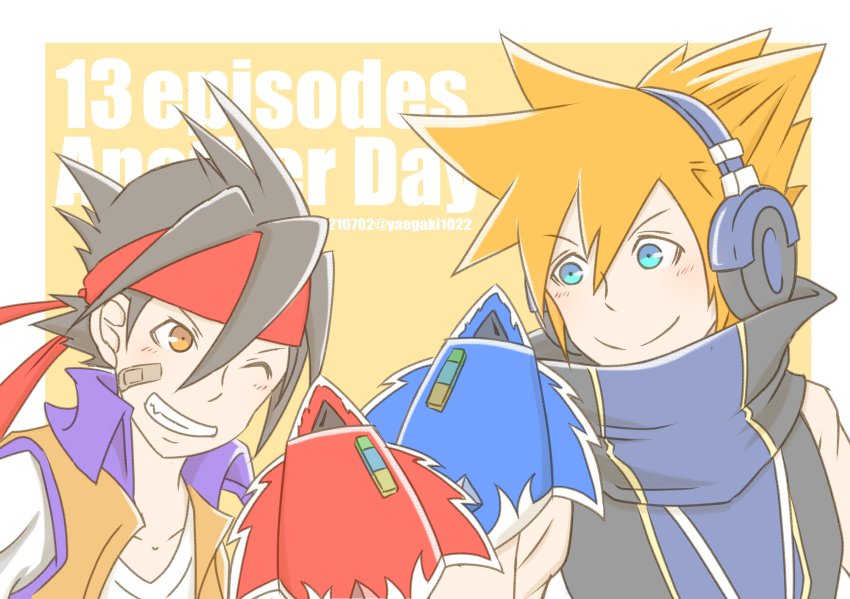 2boys, absurdres, bandaid, bandaid_on_face, bandana, bare_shoulders, blue_eyes, blush