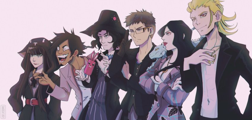 2girls, 4boys, adjusting_eyewear, animal, animal_ears, animal_hood, animal_on_shoulder, ayano_(ntwewy)