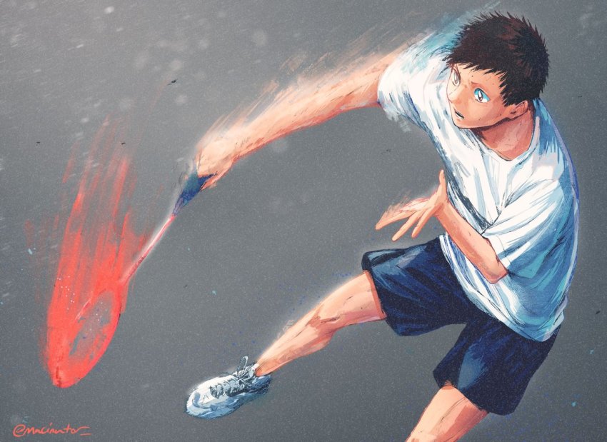 1boy, ao_no_hako, artist_name, badminton_racket, black_shorts, brown_hair, colorized, inomata_taiki