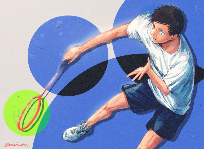 1boy, ao_no_hako, artist_name, badminton_racket, black_hair, black_shorts, colorized, highres