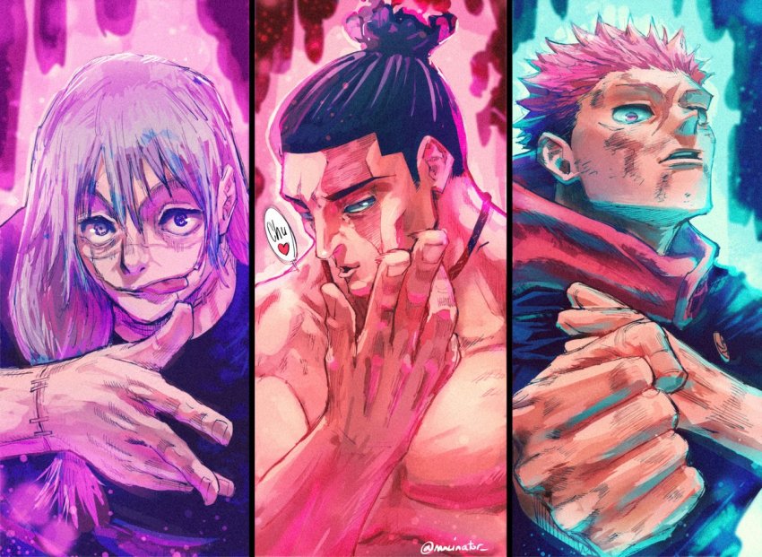 3boys, akutami_gege, colorized, itadori_yuji, jujutsu_kaisen, macinator, mahito_(jujutsu_kaisen), multiple_boys