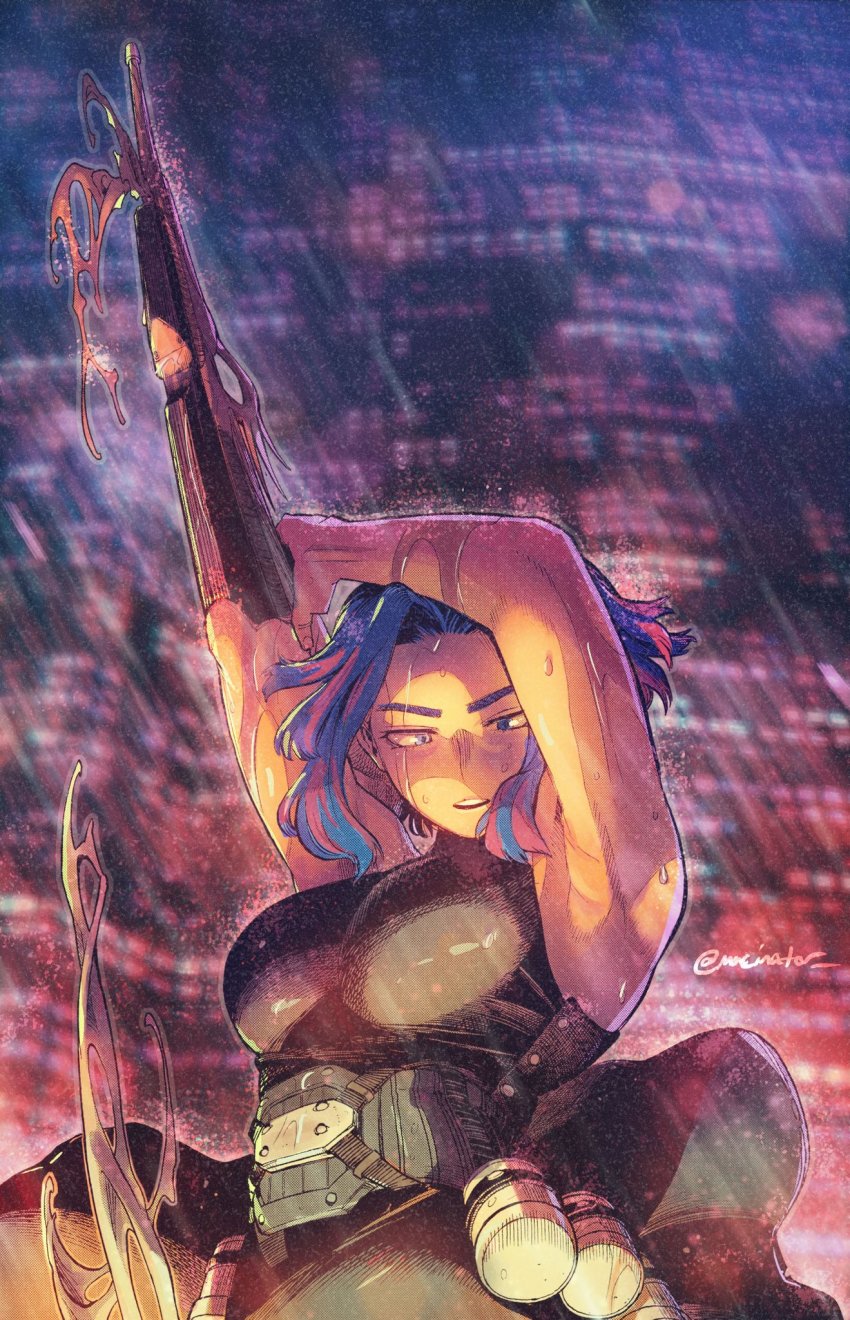 1girl, artist_name, bare_shoulders, blue_eyes, blue_hair, boku_no_hero_academia, breasts, colorized, gun, highres, horikoshi_kouhei, lady_nagant, macinator, multicolored_hair, pink_hair, rain, sleeveless, spoilers, third-party_edit, twitter_username, two-tone_hair, water, watermark, weapon, wet