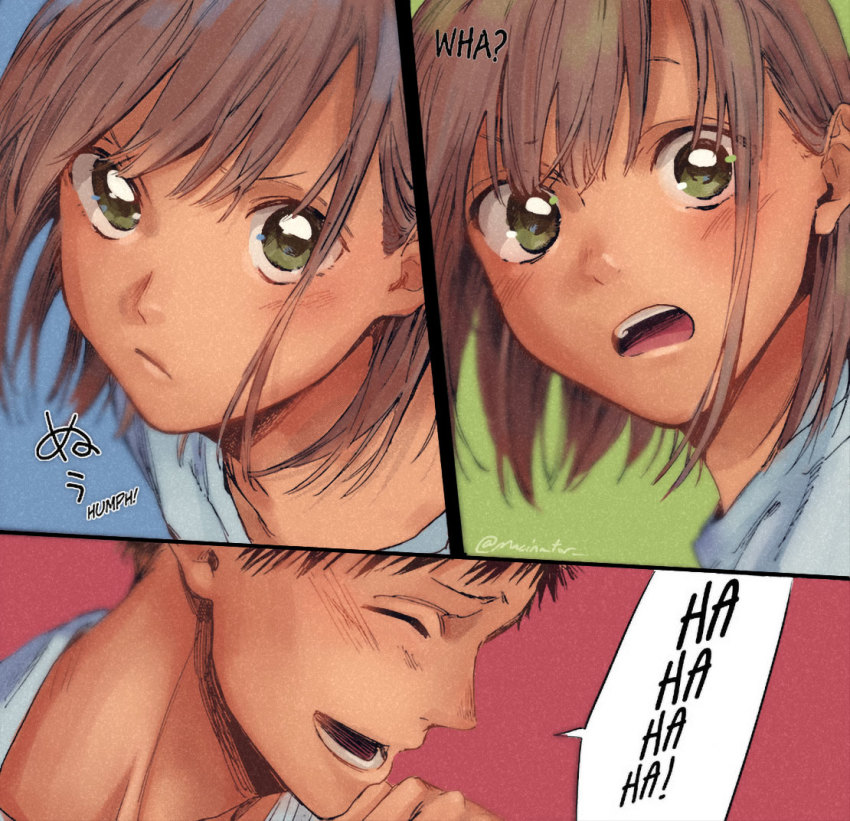 1boy, 1girl, ?, ao_no_hako, blush, brown_hair, colorized, closed_eyes