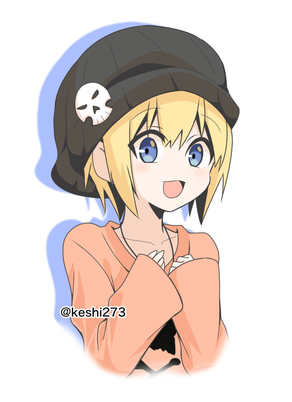 1girl, beanie, bito_raimu, black_hat, blonde_hair, blue_eyes, blush, collarbone