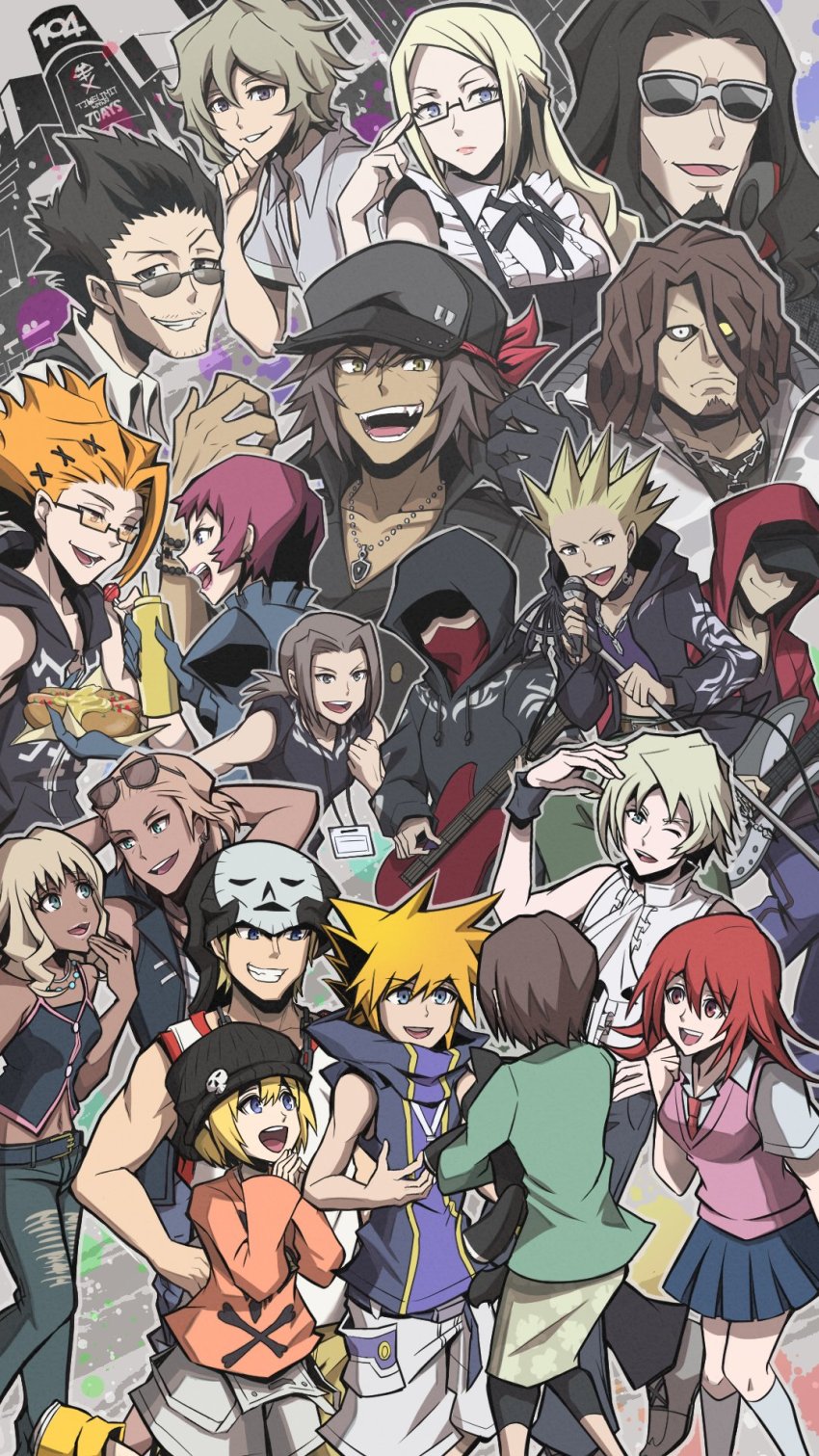 6+boys, 6+girls, 777_(subarashiki_kono_sekai), adjusting_eyewear, baseball_cap, beanie, beard, belt, bito_daisukenojo, bito_raimu, bj_(subarashiki_kono_sekai), blonde_hair, blue_eyes, brown_hair, building, candy, chain, chain_necklace, city, collar, collarbone, collared_shirt, dark-skinned_male, dark_skin, dreadlocks, dress, ear_piercing, eri_(twewy), eyebrows, facial_hair, facial_mark, fangs, food, frilled_dress, frills, from_behind, futoshi_(subarashiki_kono_sekai), ganguro, green_jacket, grey_hair, guitar, gyaru, hair_slicked_back, hanekoma_sanae, hat, headphones, headphones_around_neck, higashizawa_yodai, high_collar, highres, holding, holding_candy, holding_food, holding_lollipop, holding_stuffed_toy, hood, hood_up, instrument, jacket, jewelry, kariya_koki, kiryu_yoshiya, konishi_mitsuki, lanyard, lollipop, long_skirt, matching_hair/eyes, microphone, midriff, minamimoto_sho, misaki_shiki, mp3_player, multiple_boys, multiple_girls, nao_(twewy), navel, necklace, necktie, nyantan, oji_eiji_(subarashiki_kono_sekai), one_eye_closed, open_mouth, orange-tinted_eyewear, orange-tinted_glasses, orange_hair, orange_shirt, piercing, pink_hair, red_eyes, red_hair, sakuraba_neku, school_uniform, shibuya_(tokyo), shirt, short_hair, shorts, skirt, skull_pin, skull_print, sleeveless, sleeveless_dress, smile, sota_(twewy), spiked_hair, stubble, stuffed_animal, stuffed_cat, stuffed_toy, subarashiki_kono_sekai, sunglasses_on_head, tan, tattoo, tenho_(subarashiki_kono_sekai), tinted_eyewear, tokyo_(city), turtleneck, wavy_hair, whisker_markings, white_shorts, wink, yashiro_uzuki, yellow_eyes