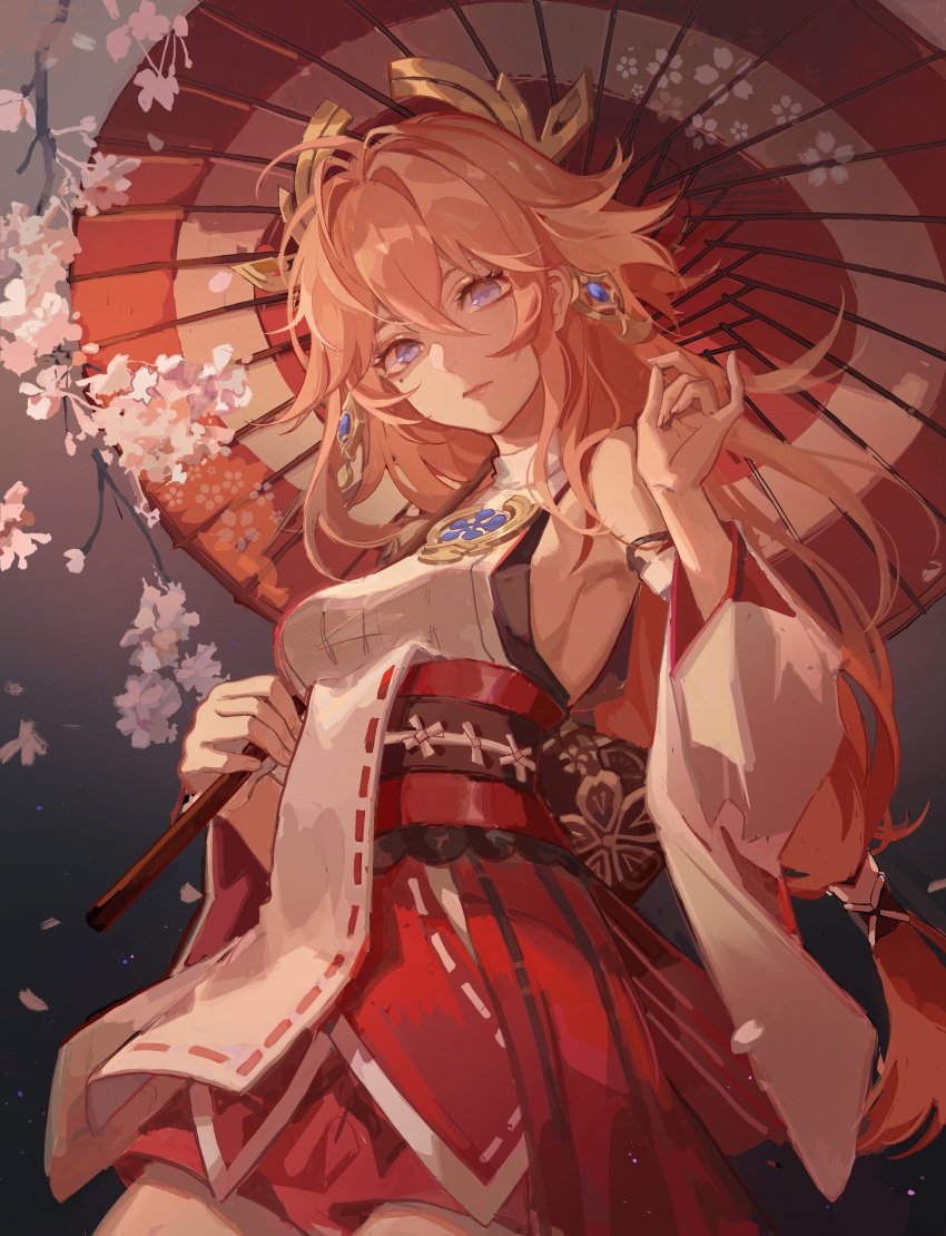 1girl, absurdres, bare_shoulders, blue_eyes, branch, breasts, detached_sleeves, genshin_impact