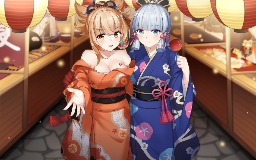 2girls, ayaka_(genshin_impact), bandages, bare_shoulders, blonde_hair, blue_eyes, blue_kimono, blunt_bangs