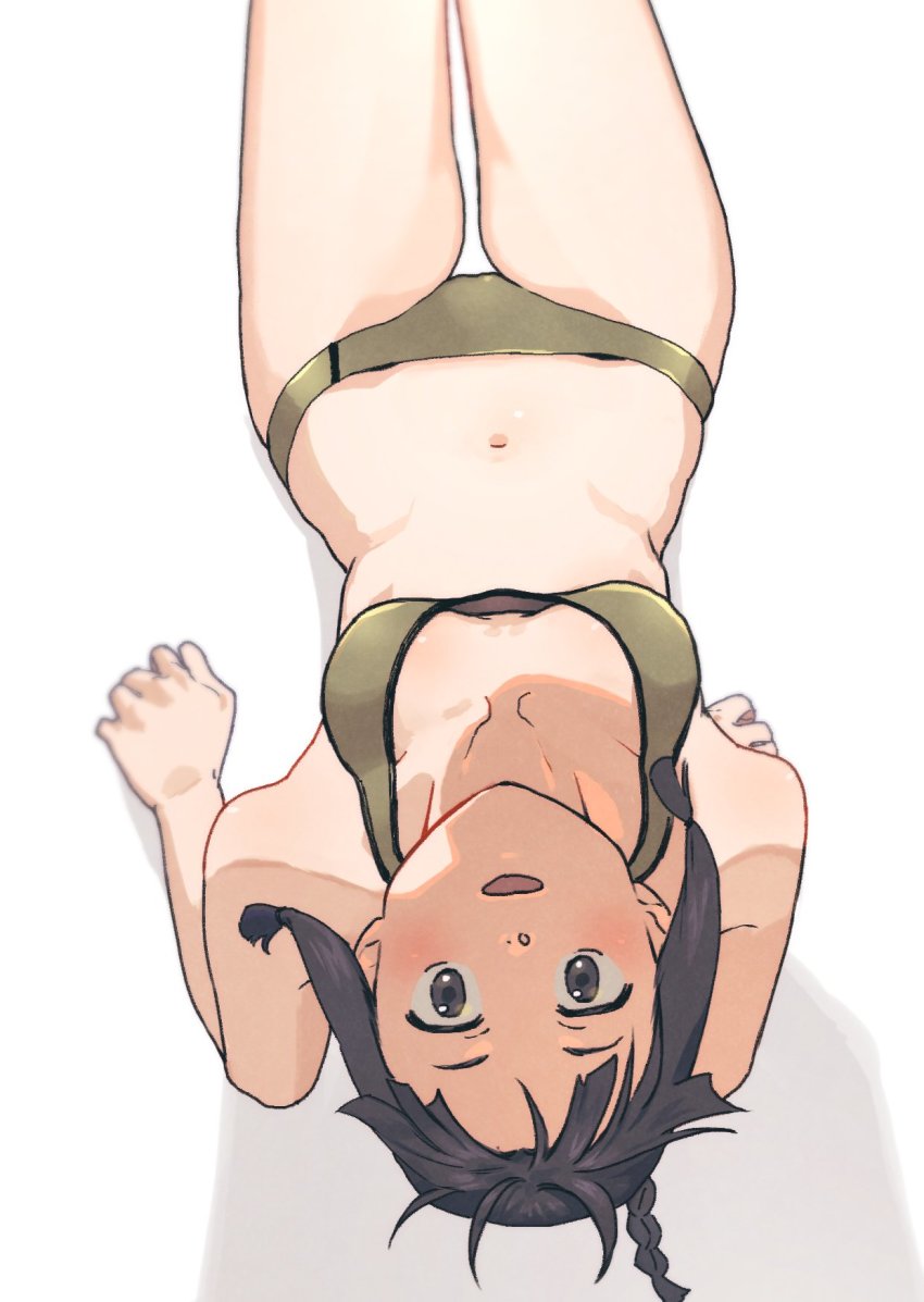 1girl, bikini, black_hair, blunt_bangs, braid, breasts, cowboy_shot, grey_bikini, hair_ribbon, highres, kantai_collection, kitakami_(kancolle), long_hair, looking_at_viewer, medium_breasts, ribbon, shishanmo, sidelocks, simple_background, solo, swimsuit, tress_ribbon, upside-down, white_background