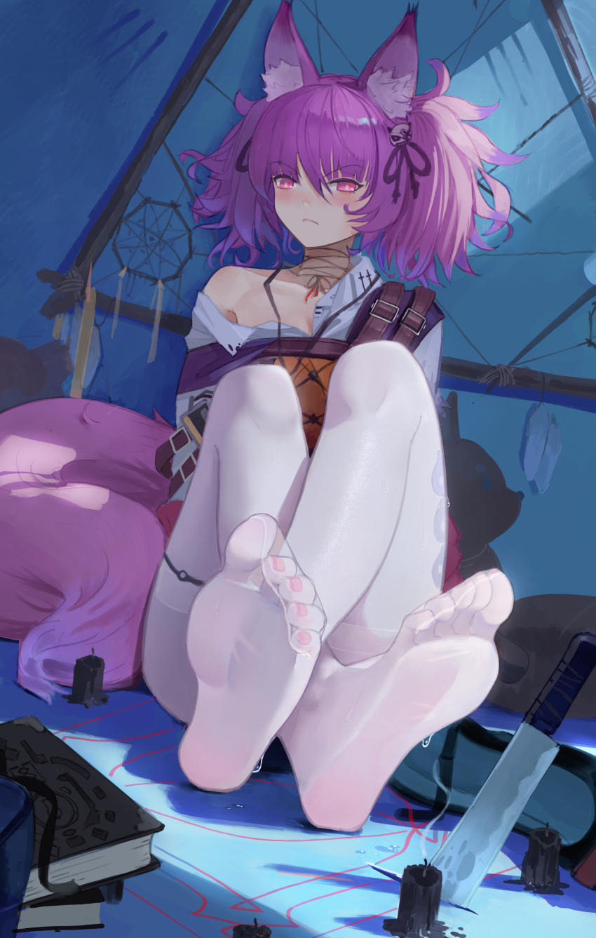 1girl, absurdres, animal_ear_fluff, animal_ears, arknights, bare_shoulders, book, candle, closed_mouth, collarbone, commentary_request, feet, foot_focus, frown, glaring, hair_ornament, highres, knife, long_hair, lwj, nail_polish, off_shoulder, pantyhose, purple_hair, purple_nails, red_eyes, shamare_(arknights), sitting, soles, solo, sweat, tail, thighband_pantyhose, toenail_polish, toenails, toes, twintails, v-shaped_eyebrows, white_pantyhose, wolf_ears, wolf_tail