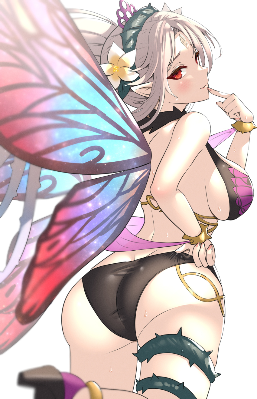 1girl, absurdres, alternate_costume, ankleband, ass, ass_focus, bikini, black_bikini, breasts, butt_crack, butterfly_wings, duplicate, fairy_wings, finger_to_mouth, fire_emblem, fire_emblem_heroes, flower, flower_on_head, gonzarez, grey_hair, hair_flower, hair_ornament, headband, high_heels, highres, insect_wings, looking_at_viewer, looking_back, nintendo, parted_bangs, plumeria_(fire_emblem), plumeria_(summer)_(fire_emblem), pointy_ears, ponytail_korosuke, red_eyes, sideboob, simple_background, solo, sweat, swimsuit, thigh_strap, thighs, thorns, white_background, wings