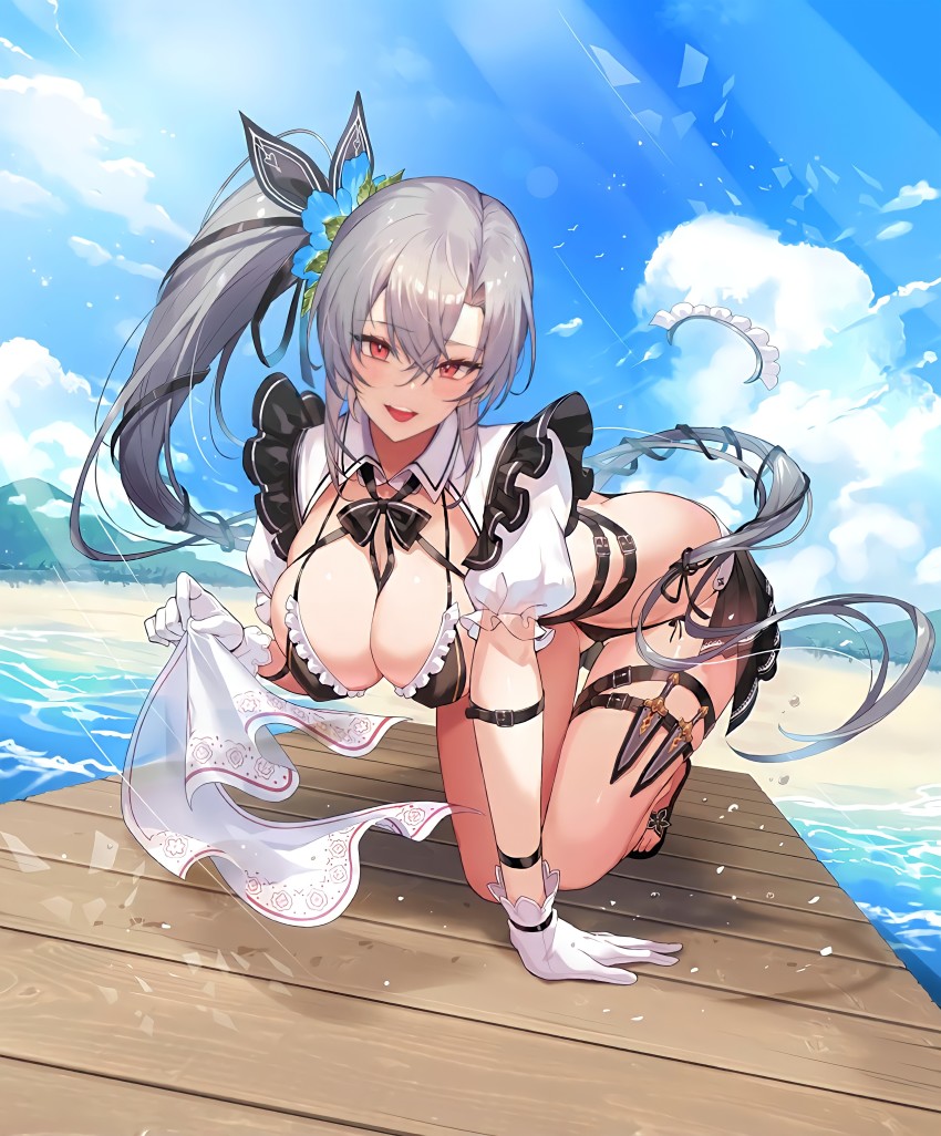 1girl, absurdres, all_fours, armband, bad_id, bad_pixiv_id, beach, bent_over