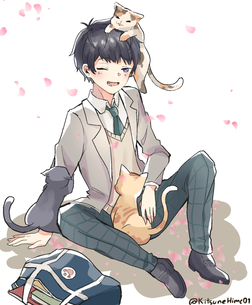 1boy, animal, animal_on_head, bad_id, bad_pixiv_id, bag, black_hair, black_shoes