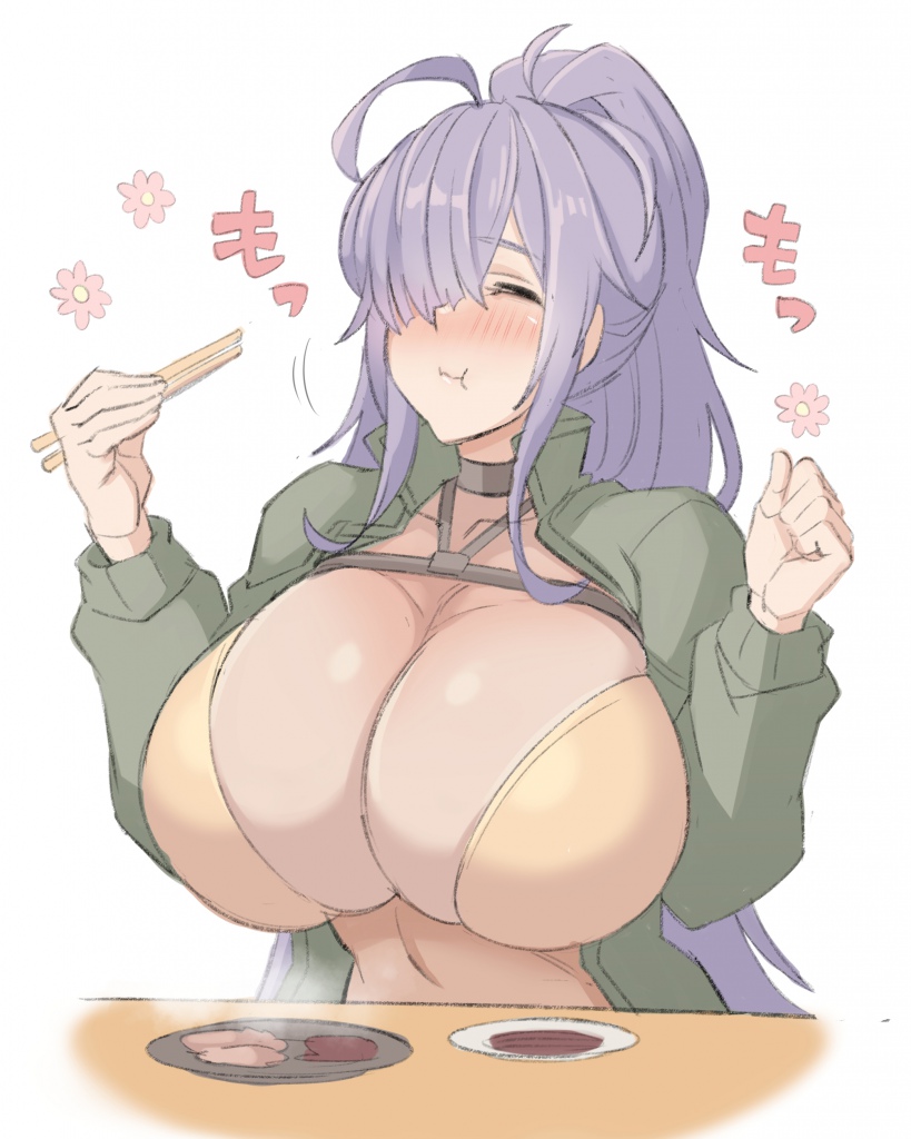 1girl, :t, abarano, ahoge, blush, breasts, chest_strap, chewing, chopsticks, closed_eyes, commentary_request, eating, food, foodgasm, gnome_(last_origin), green_jacket, hair_over_one_eye, high_ponytail, holding, holding_chopsticks, huge_breasts, jacket, last_origin, leotard, plate, ponytail, table, yellow_leotard