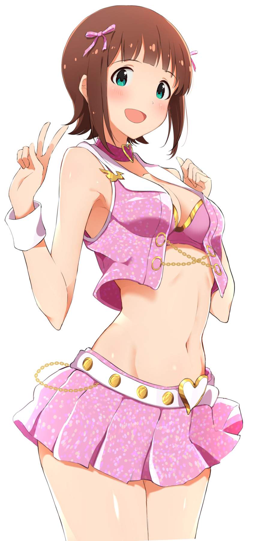1girl, :d, absurdres, amami_haruka, bad_id, bad_pixiv_id, belt, blunt_bangs, blush, bra, breasts, brown_hair, choker, cleavage, collarbone, cowboy_shot, green_eyes, groin, hair_ribbon, highres, homco, idolmaster, idolmaster_(classic), looking_at_viewer, medium_breasts, midriff, miniskirt, navel, open_mouth, pink_bra, pink_choker, pink_ribbon, pink_skirt, pleated_skirt, ribbon, shiny_skin, short_hair, simple_background, skirt, smile, solo, standing, stomach, underwear, v, white_background, white_belt, wrist_cuffs