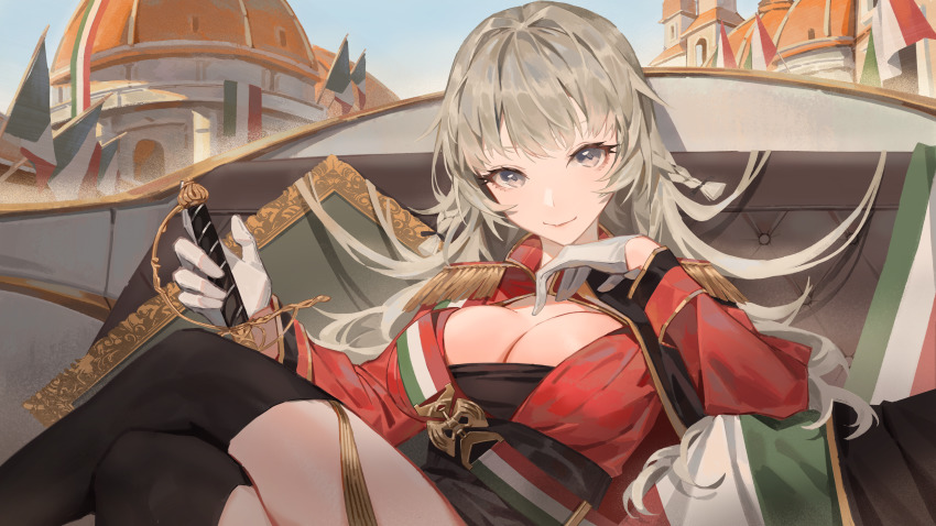 1girl, absurdres, aiguillette, azur_lane, black_thighhighs, breasts, cleavage, epaulettes, florence_(city), gloves, gold_trim, grey_eyes, half_gloves, highres, huge_filesize, italian_flag, jacket, kaikaikai, large_breasts, long_hair, looking_at_viewer, outdoors, red_jacket, silver_hair, solo, sword, thighhighs, vittorio_veneto_(azur_lane), weapon, white_gloves