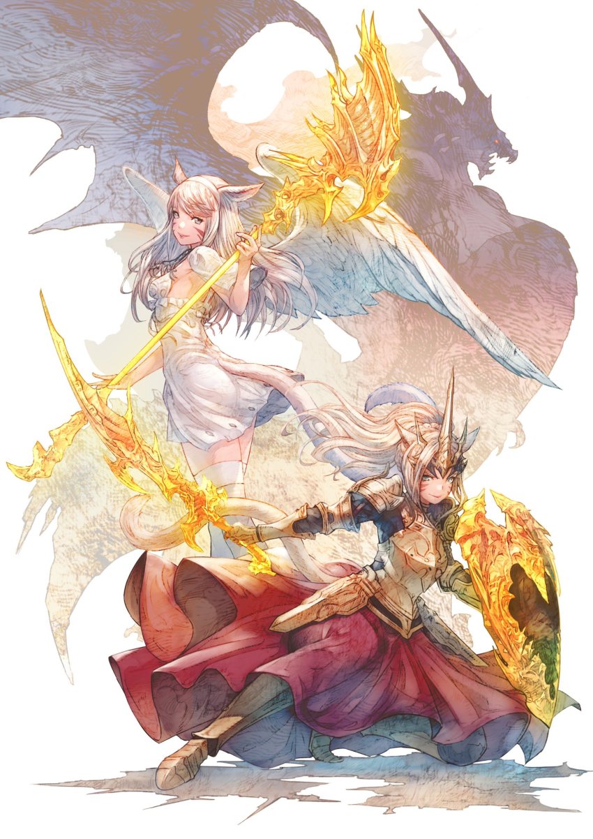 2girls, animal_ears, armor, armored_boots, warrior_of_light_(ff14), boots, breasts, cat_ears