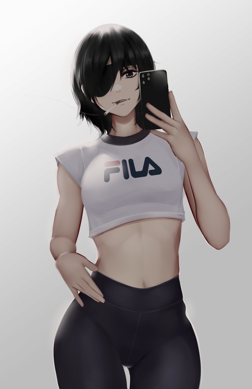 1girl, absurdres, alternate_costume, black_eyes, black_hair, black_pants, breasts, casual