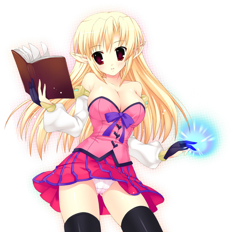 1girl, blonde_hair, book, detached_sleeves, esper_(saga_2), female_focus, long_hair, panties