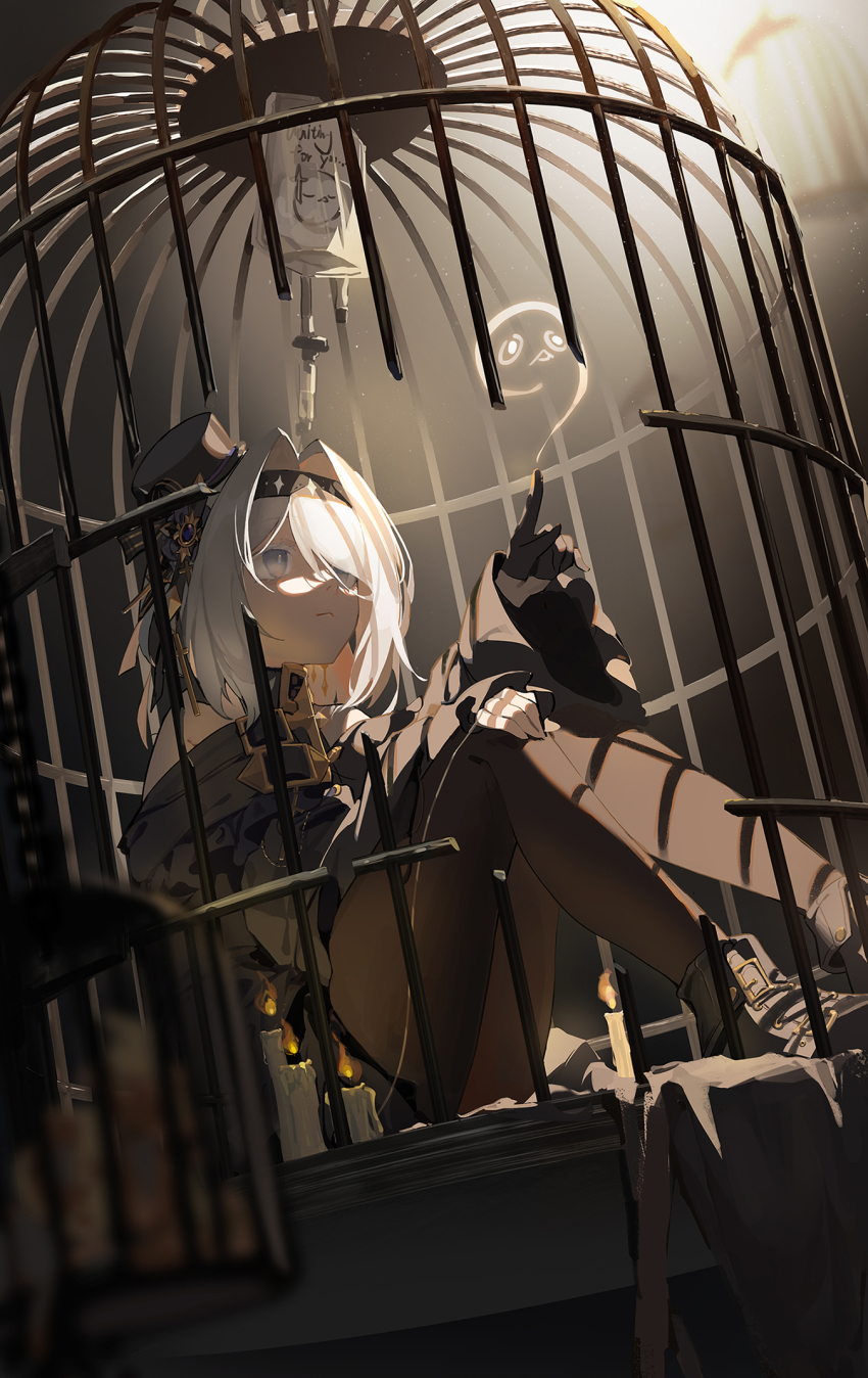 1girl, birdcage, black_hairband, black_headwear, black_jacket, black_pantyhose, black_shoes, black_survival