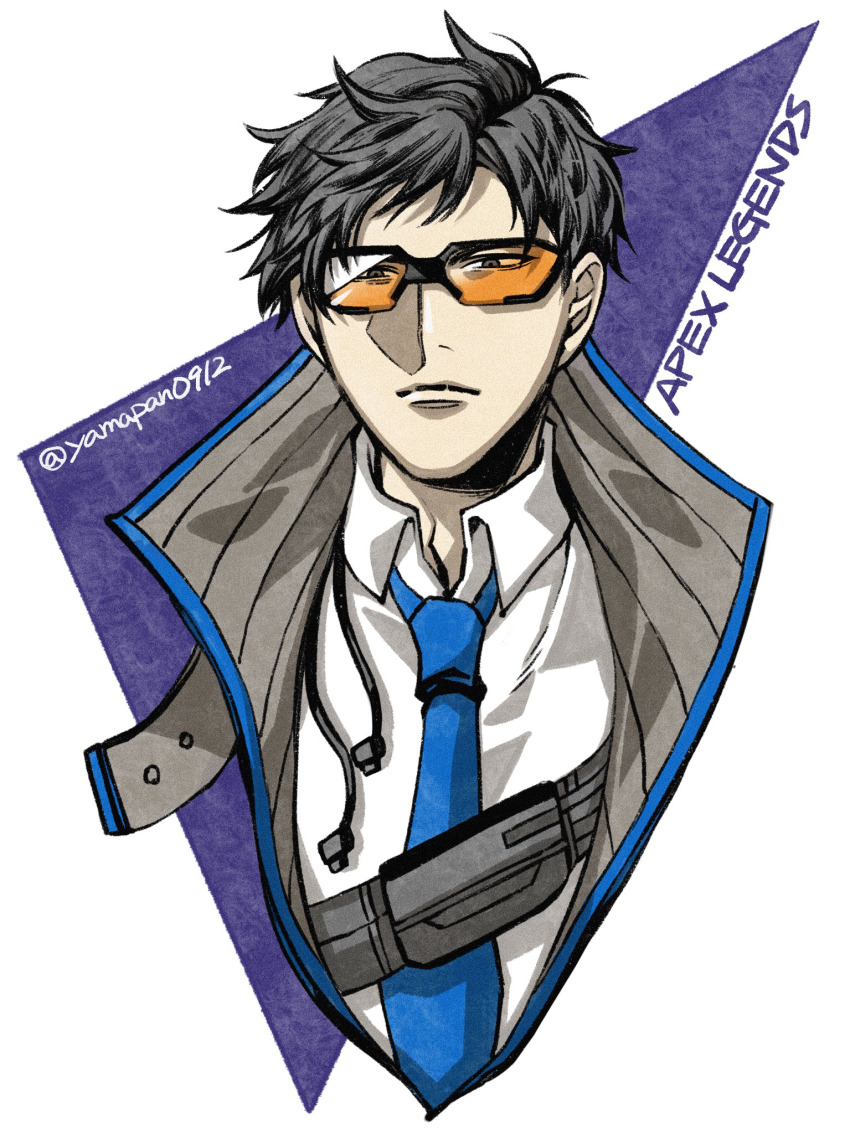 1boy, animification, apex_legends, black_eyes, black_hair, blue_necktie, collared_shirt, copyright_name