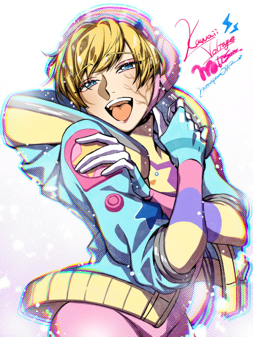 1girl, animification, apex_legends, blonde_hair, blue_gloves, blue_jacket, blush, bodysuit