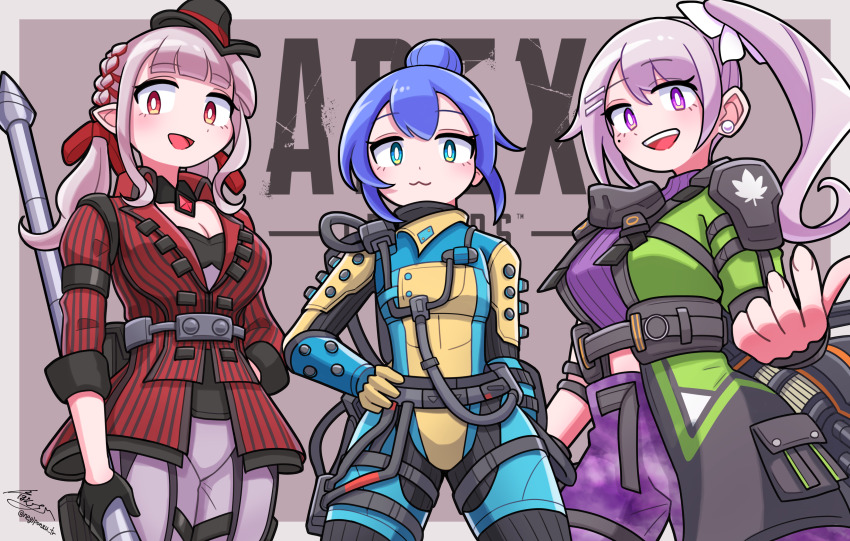 3girls, :3, absurdres, apex_legends, black_headwear, blue_bodysuit, blue_hair, bodysuit