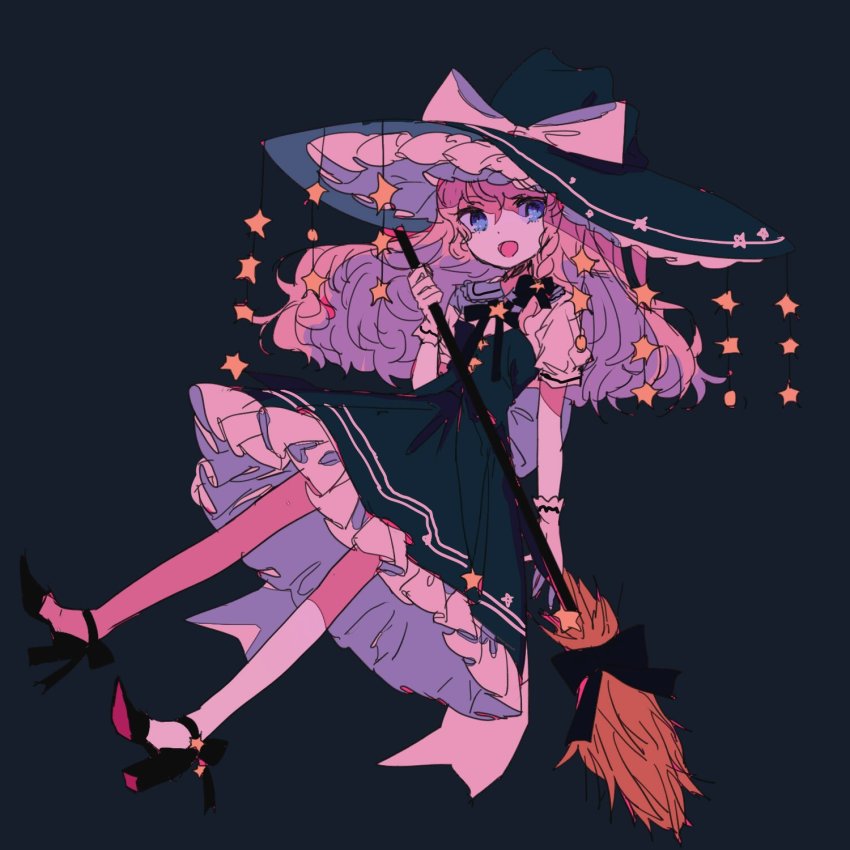 1girl, adapted_costume, black_background, black_bow, black_dress, black_hat, black_ribbon, black_shoes