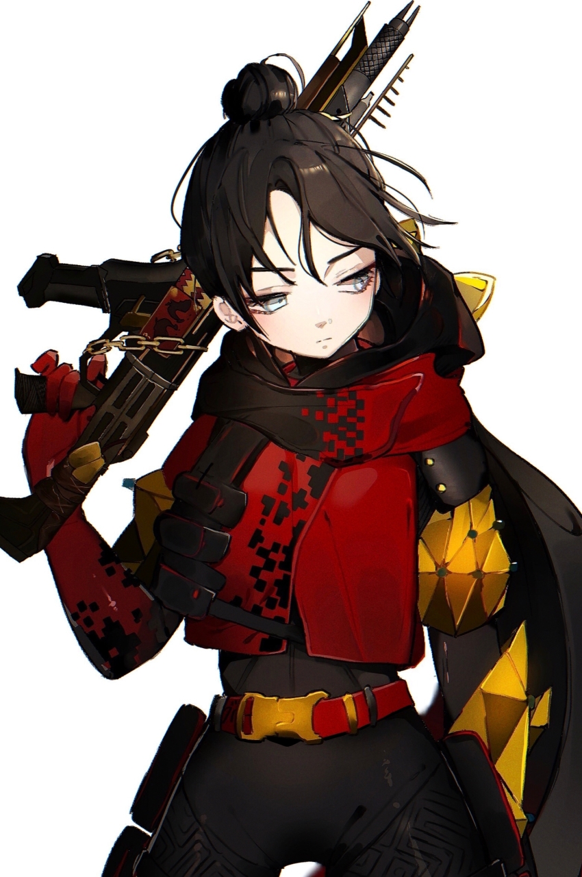 1girl, animal_hood, animification, apex_legends, assault_rifle, black_bodysuit, black_hair, bodysuit, cat_hood, chain, floating_hair, grey_eyes, gun, hair_behind_ear, hair_bun, hellcat_wraith, highres, holding, holding_gun, holding_weapon, hood, hooded_jacket, jacket, looking_to_the_side, miluchi, over_shoulder, red_jacket, rifle, single_hair_bun, solo, weapon, weapon_over_shoulder, white_background, wraith_(apex_legends)