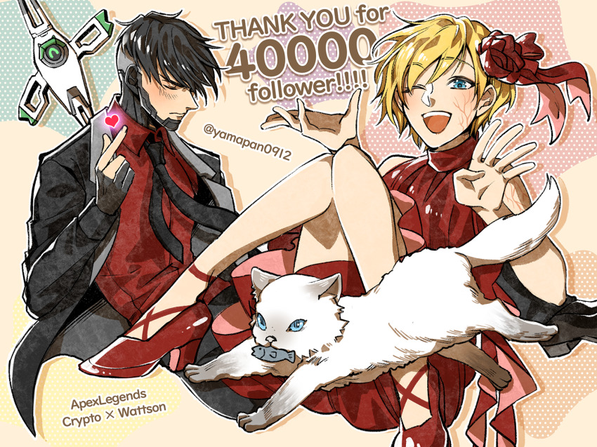 1boy, 1girl, animification, apex_legends, black_hair, black_neckwear, blonde_hair, blue_eyes