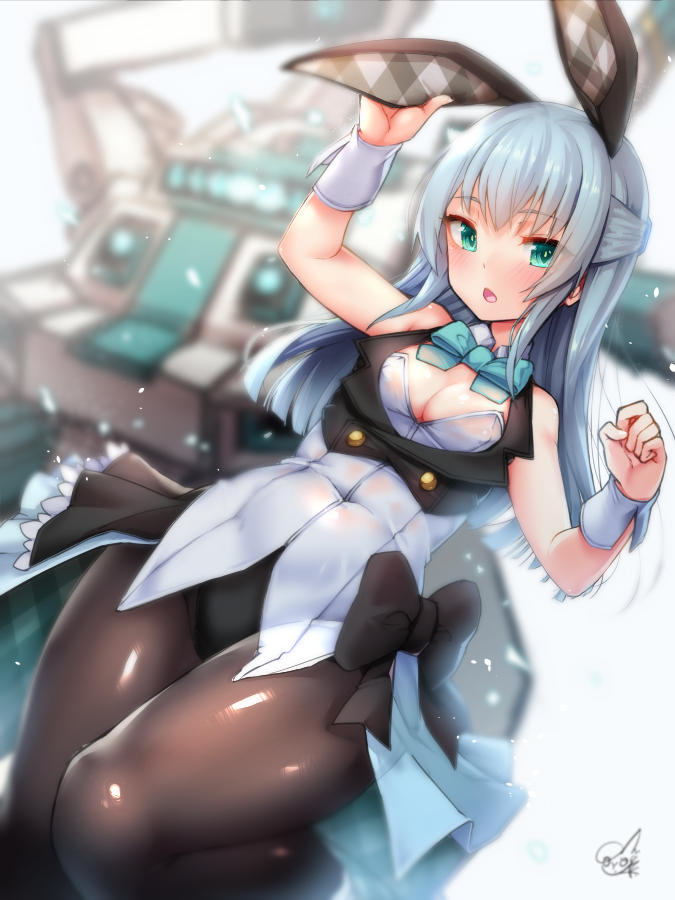 1girl, alice_gear_aegis, animal_ears, arm_up, bare_shoulders, black_bow, black_leotard, blue_hair, blurry, blurry_background, blush, bow, bowtie, breasts, brown_pantyhose, cleavage, clenched_hand, commentary_request, covered_navel, crop_top, depth_of_field, doyouwantto, fake_animal_ears, from_below, green_bow, green_bowtie, green_eyes, half_updo, hand_up, leotard, long_hair, looking_at_viewer, mecha, ochanomizu_mirie, open_mouth, pantyhose, plaid, playboy_bunny, rabbit_ears, robot, shiny_clothes, sidelocks, signature, small_breasts, solo, standing, standing_on_one_leg, white_background, wrist_cuffs