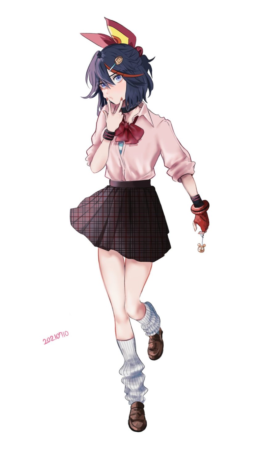 1girl, alternate_costume, black_hair, blue_eyes, bow, brown_shoes, brown_skirt, charm_(object), dated, fingerless_gloves, fingernails, full_body, gloves, hair_bow, high-waist_skirt, highres, kill_la_kill, loafers, looking_at_viewer, loose_leg_warmer, loose_socks, matoi_ryuuko, mito_keiji, multicolored_hair, nail_polish, pink_shirt, plaid_clothes, plaid_skirt, red_gloves, red_nails, red_neckwear, school_uniform, senketsu, shirt, shoes, single_fingerless_glove, skirt, socks, solo, streaked_hair, unmoving_pattern, v, walking, white_background, white_legwear, wristband