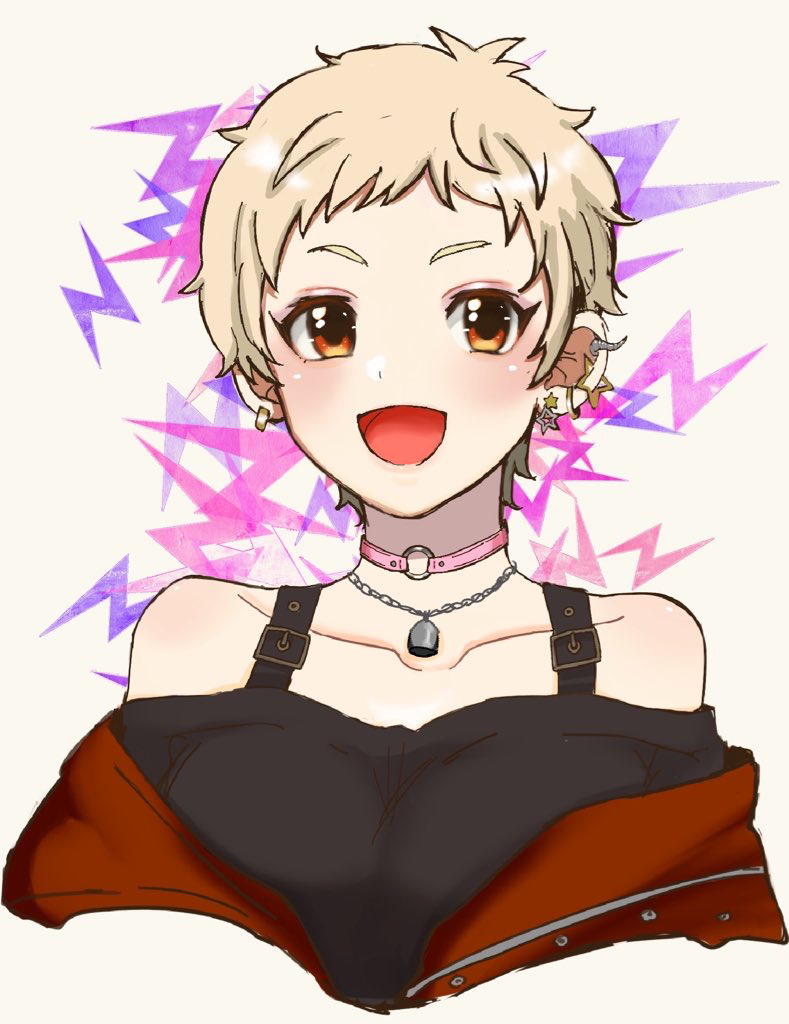 1girl, :d, blonde_hair, breasts, brown_eyes, choker, ear_piercing, earrings, idolmaster, idolmaster_cinderella_girls, idolmaster_cinderella_girls_starlight_stage, jewelry, looking_at_viewer, necklace, open_mouth, piercing, senzaki_ema, simple_background, small_breasts, smile, solo, upper_body, yaoya315