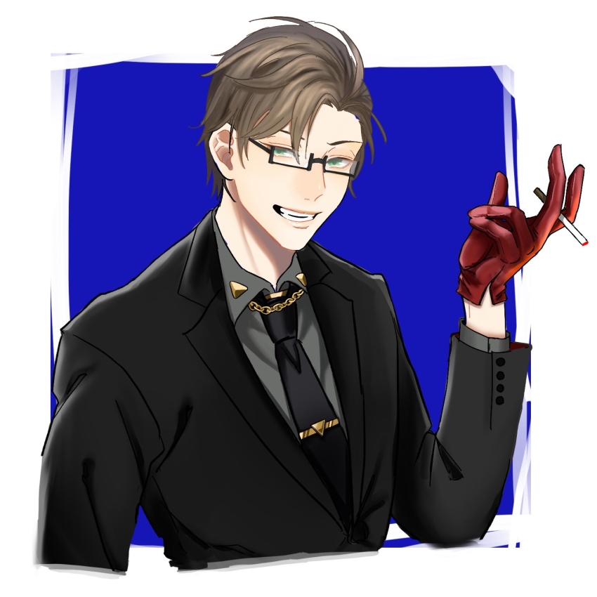 1boy, black-framed_eyewear, black_necktie, black_suit, blue_background, brown_hair, cigarette, formal_clothes