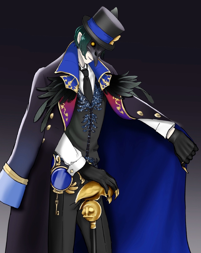 1boy, black_gloves, black_hat, black_jacket, black_necktie, black_vest, cane, dire_crowley