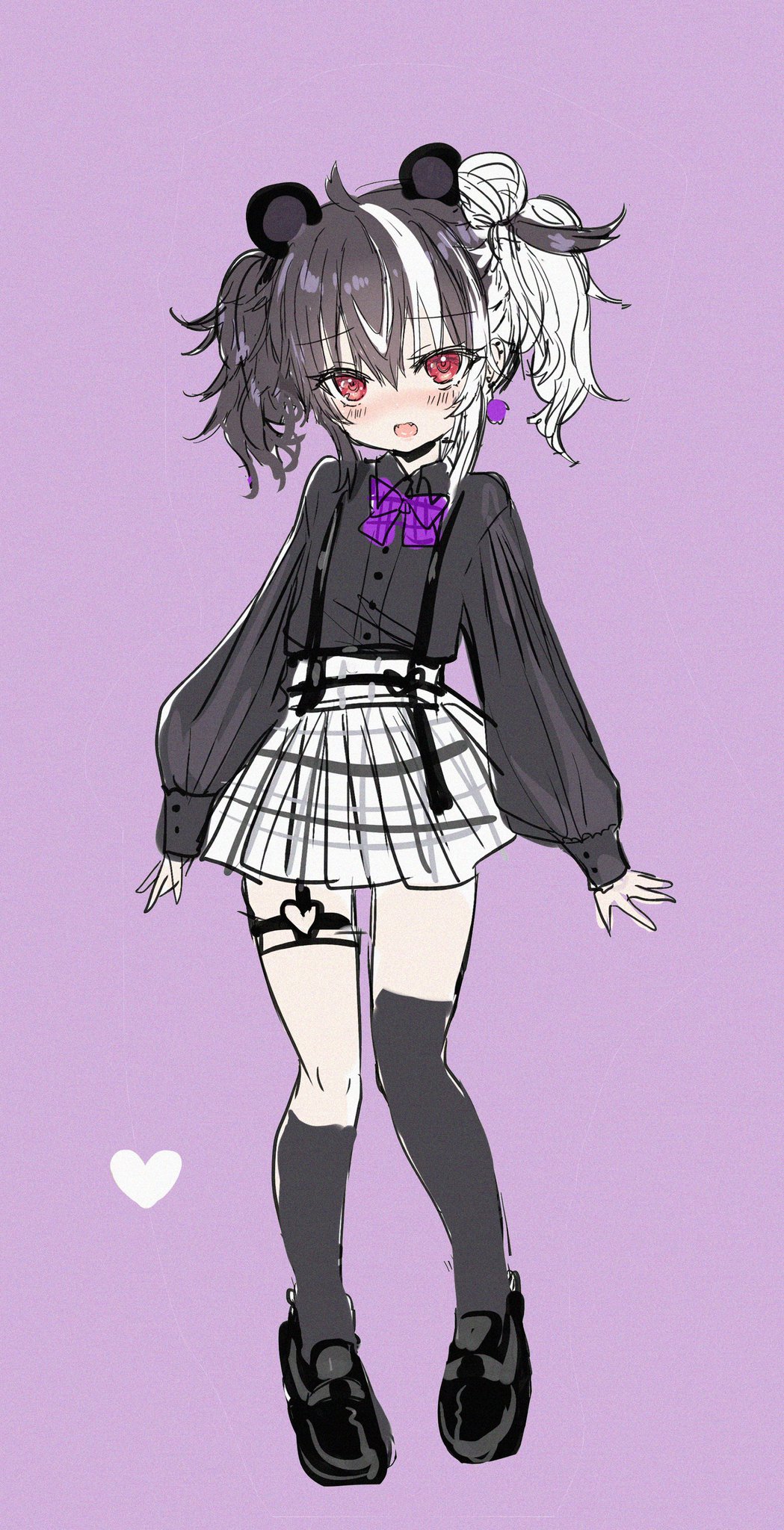 1girl, animal_ears, asymmetrical_legwear, bear_ears, black_hair, black_shirt, black_shoes, black_socks