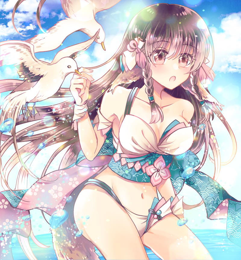 1girl, animal, animal_ears, aquaplus, ass, bird, blue_sky, braid