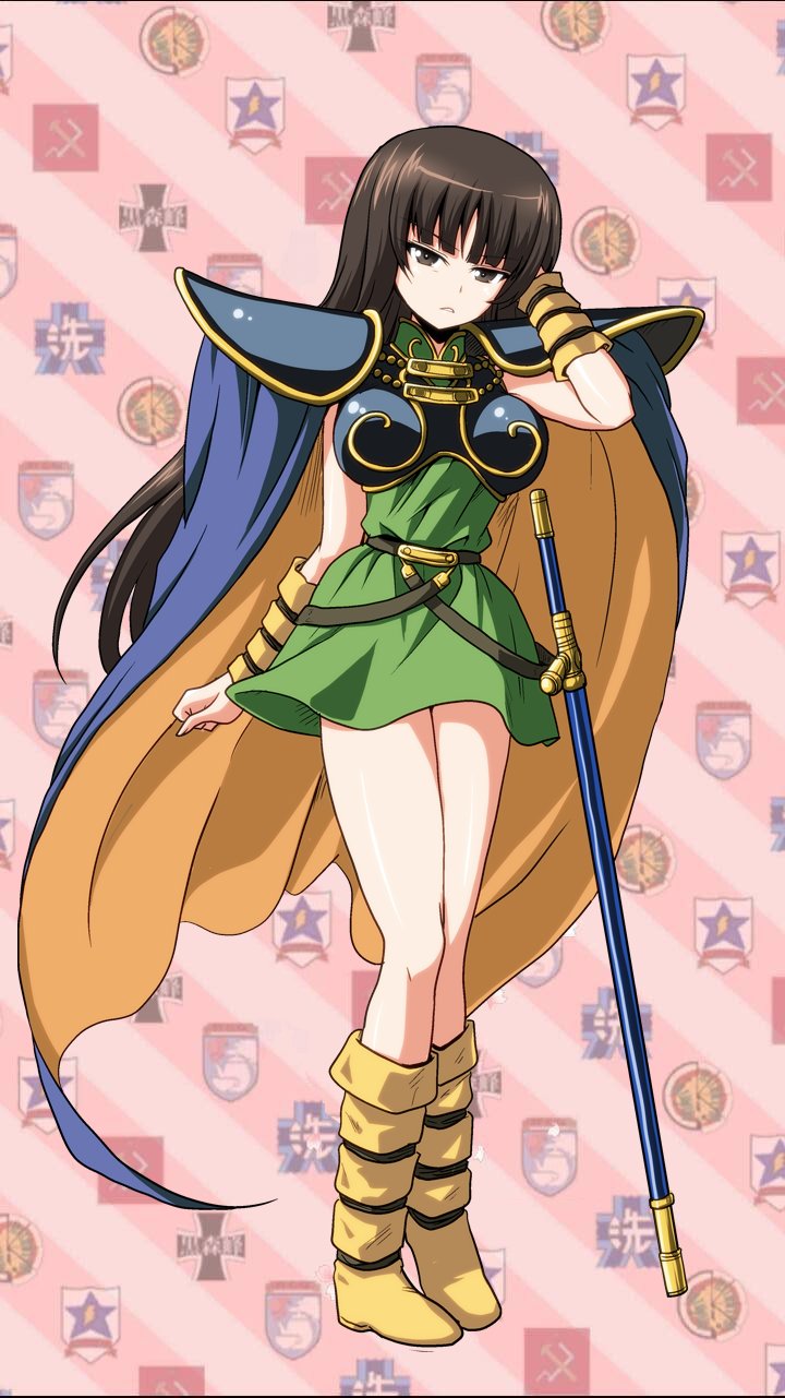 1girl, alternate_costume, anzio_(emblem), arm_warmers, armor, black_eyes, black_hair, blunt_bangs