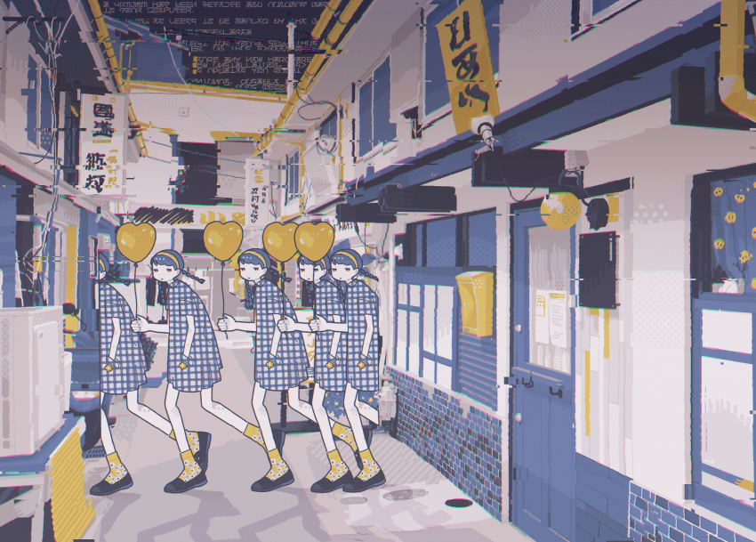 5girls, balloon, black_footwear, blue_hair, blue_nails, braid, door, floral_print