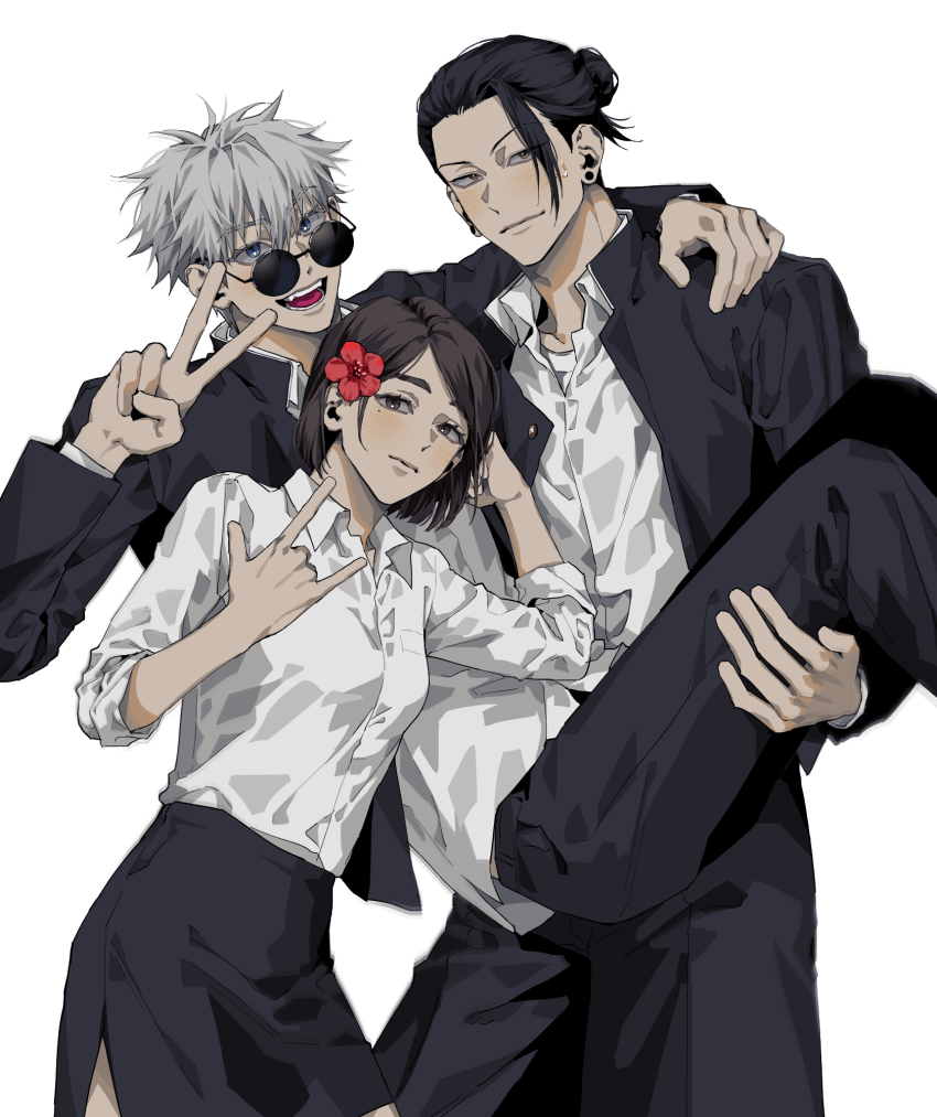 1girl, 2boys, \m/, black_eyes, black_hair, black_jacket, black_pants, black_skirt, blue_eyes, carrying, closed_mouth, collared_shirt, cowboy_shot, donggoureng2, ear_piercing, flower, geto_suguru, gojo_satoru, hair_between_eyes, hair_bun, hair_flower, hair_ornament, hair_pulled_back, hand_up, highres, ieiri_shoko, jacket, jujutsu_kaisen, long_sleeves, looking_at_viewer, mole, mole_under_eye, multiple_boys, open_mouth, pants, piercing, princess_carry, red_flower, round_eyewear, school_uniform, shirt, short_hair, simple_background, single_hair_bun, skirt, smile, standing, sunglasses, sweatdrop, swept_bangs, tsurime, v, white_background, white_hair, white_shirt