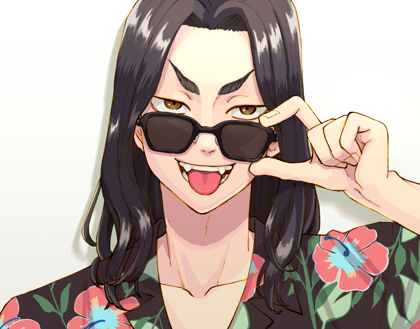 1boy, adjusting_eyewear, baji_keisuke, black_eyes, black_hair, black_shirt, collarbone, forehead