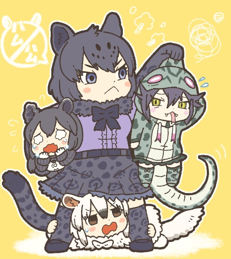 4girls, animal_ears, anteater_ears, anteater_tail, black_fur, black_gloves, black_hair, black_jaguar_(kemono_friends)