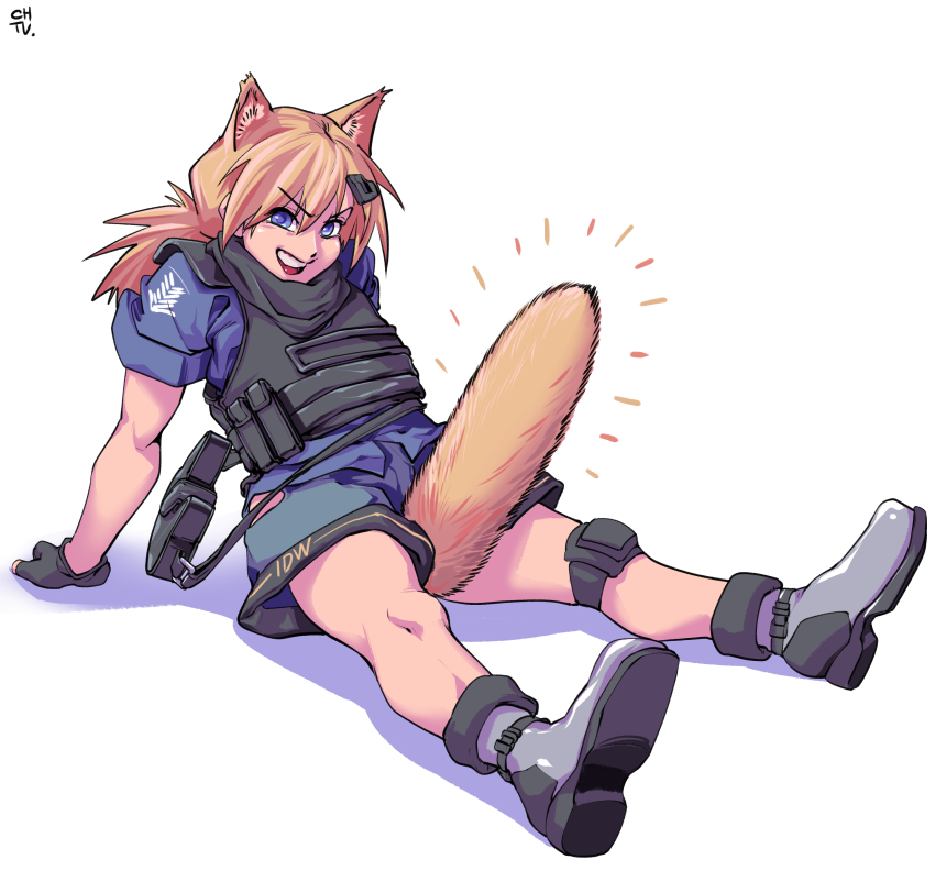 1girl, :d, absurdres, animal_ears, black_gloves, blonde_hair, blue_eyes, blue_shorts