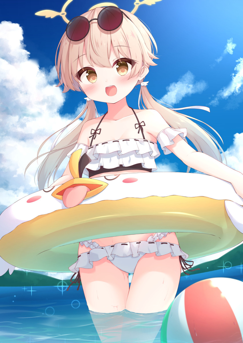 1girl, bad_id, bad_pixiv_id, bikini, blue_archive, blush, cloud, commentary_request