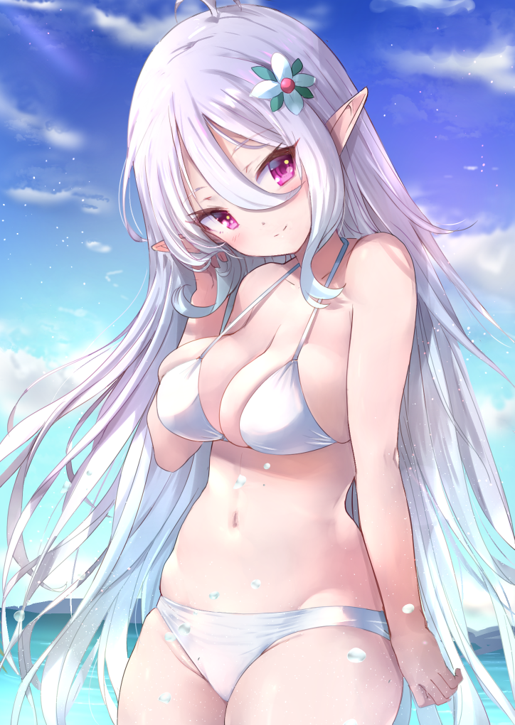 1girl, aged_up, alternate_breast_size_(larger), alternate_hair_length, alternate_hairstyle, antenna_hair, bikini, blue_sky