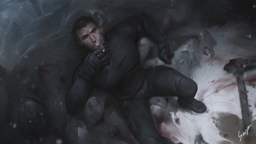 1boy, absurdres, artist_name, black_footwear, black_gloves, black_pants, black_shirt, blood