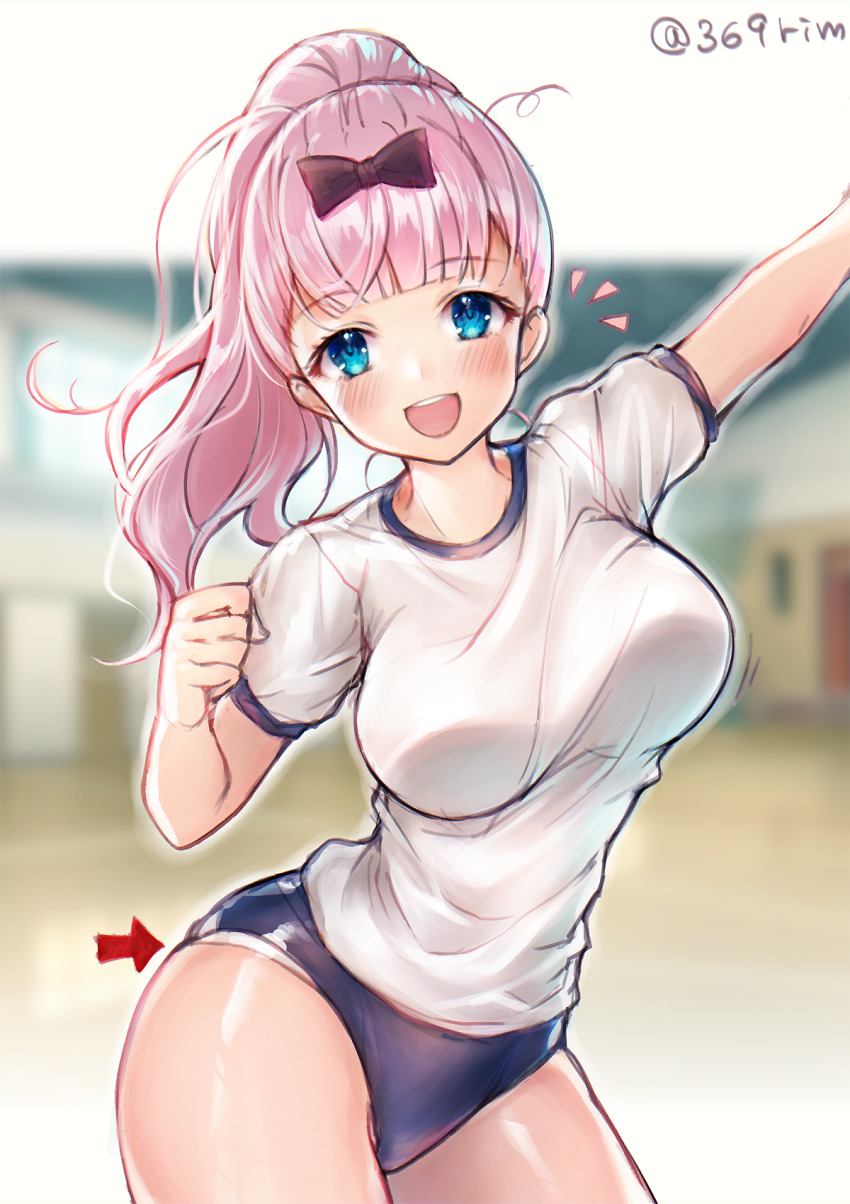 1girl, blue_buruma, blue_eyes, bouncing_breasts, bow, breasts, buruma, fujiwara_chika, gym_uniform, highres, kaguya-sama_wa_kokurasetai_~tensai-tachi_no_renai_zunousen~, large_breasts, looking_at_viewer, mirukurim, panties, panties_under_buruma, pink_hair, ponytail, shirt, smile, solo, school_gym, underwear, white_shirt