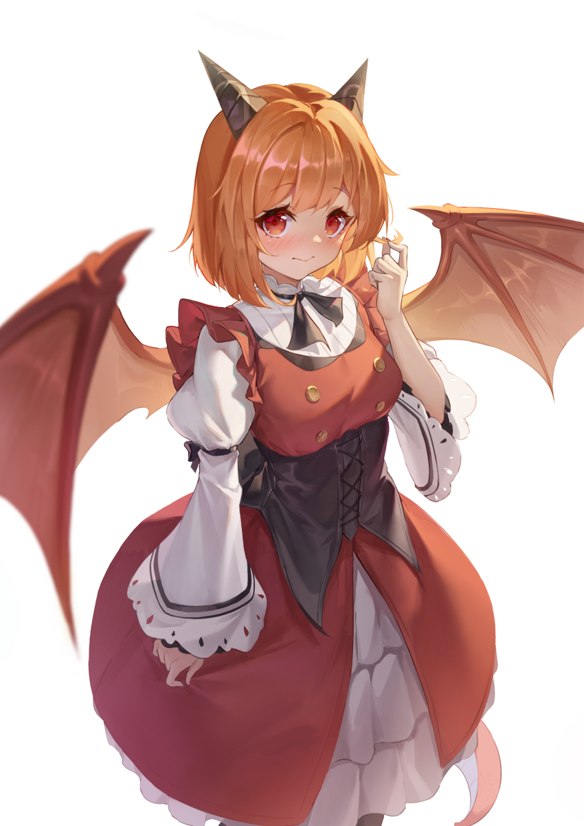 1girl, absurdres, black_horns, blush, closed_mouth, clothing_request, commentary_request, cowboy_shot