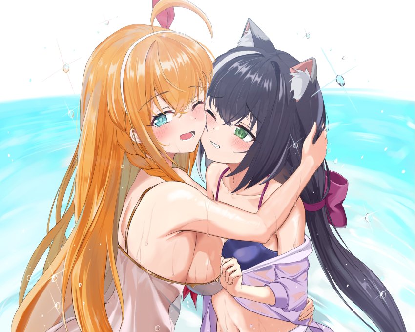 2girls, absurdres, ahoge, animal_ear_fluff, animal_ears, bare_shoulders, beach, blue_eyes