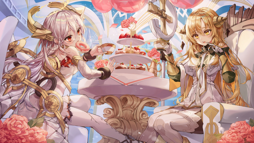 2girls, alchemy_stars, balloon, bare_shoulders, bird, blonde_hair, cup, donut, fire, flower, food, food_in_mouth, fork, fruit, gloves, hair_between_eyes, halo, highres, irridon_(alchemy_stars), long_hair, lujang_(fudge), multiple_girls, official_art, open_mouth, pastry, pinky_out, red_eyes, sitting, sky, staff, strawberry, table, teacup, thighhighs, uriel_(alchemy_stars), vambraces, white_gloves, white_hair, white_legwear, yellow_eyes